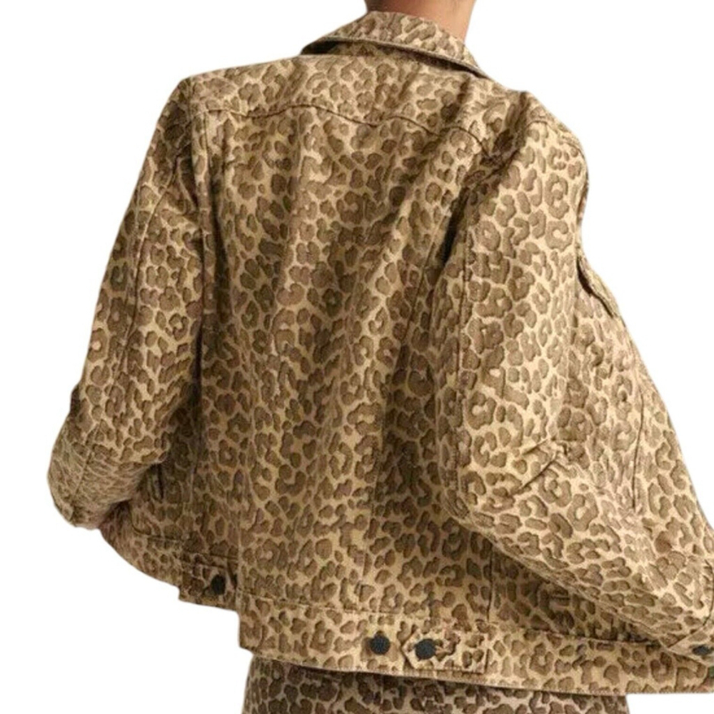 Lucky Brand Womens XS Leopard Denim Jacket The Tomboy Trucker Animal Print Brown - Picture 14 of 16